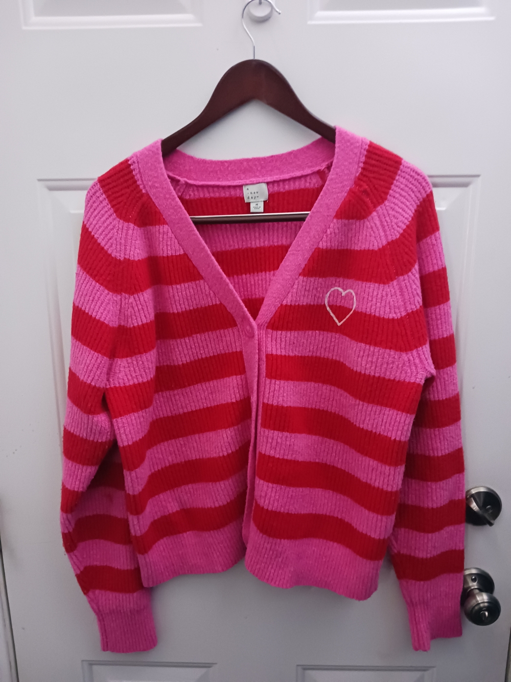 A New Day Pink & Red Stripe V-Neck Cardigan Sweater